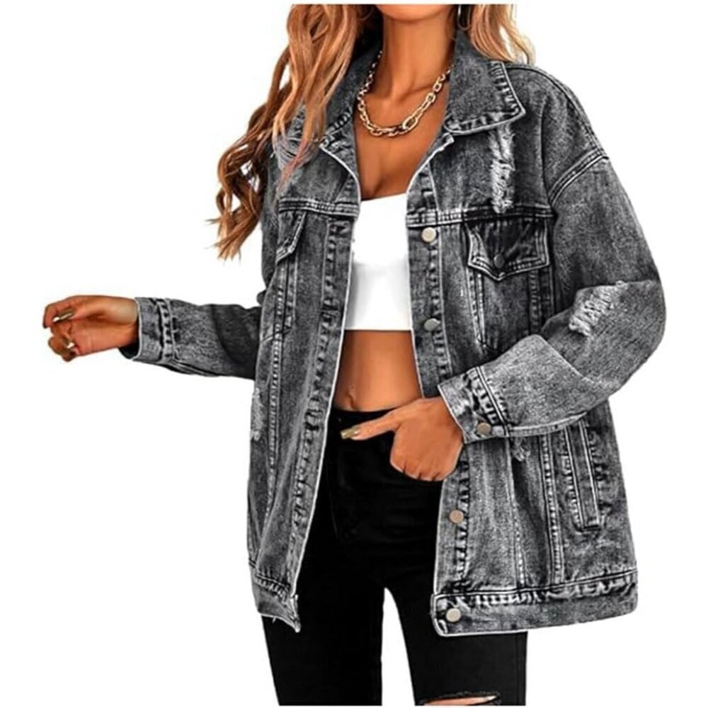 Women's Long Oversized Denim Jacket Ripped Distressed Jean Jackets Black
